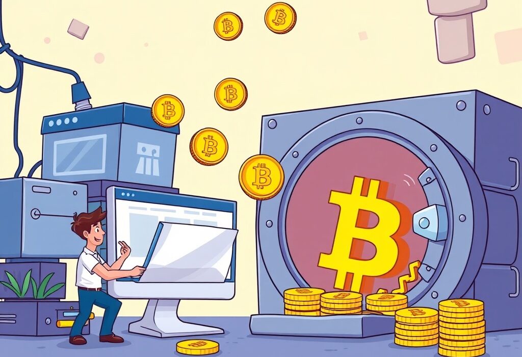 A cartoon image depicting a web company securing funds for a significant Bitcoin investment, symbolizing corporate Bitcoin adoption.