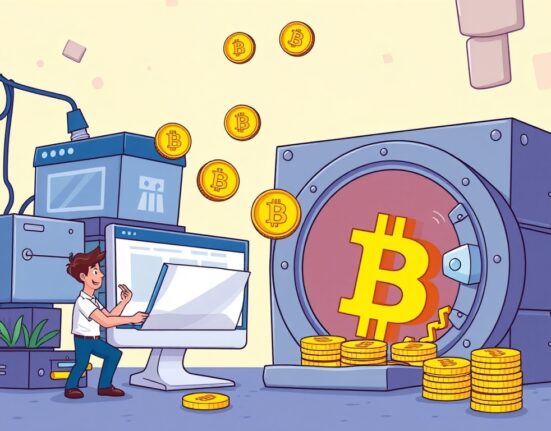 A cartoon image depicting a web company securing funds for a significant Bitcoin investment, symbolizing corporate Bitcoin adoption.