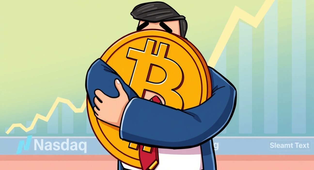 A cartoon illustration showing a Nasdaq-listed company making a strategic Bitcoin investment, symbolizing institutional crypto adoption.