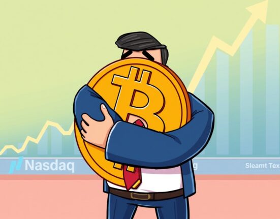 A cartoon illustration showing a Nasdaq-listed company making a strategic Bitcoin investment, symbolizing institutional crypto adoption.