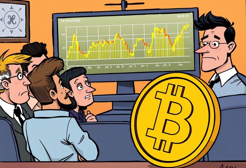 A cartoon illustration showing hesitant investors reacting to weakening Bitcoin investor conviction around the $111K price point.