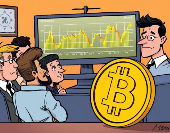 A cartoon illustration showing hesitant investors reacting to weakening Bitcoin investor conviction around the $111K price point.