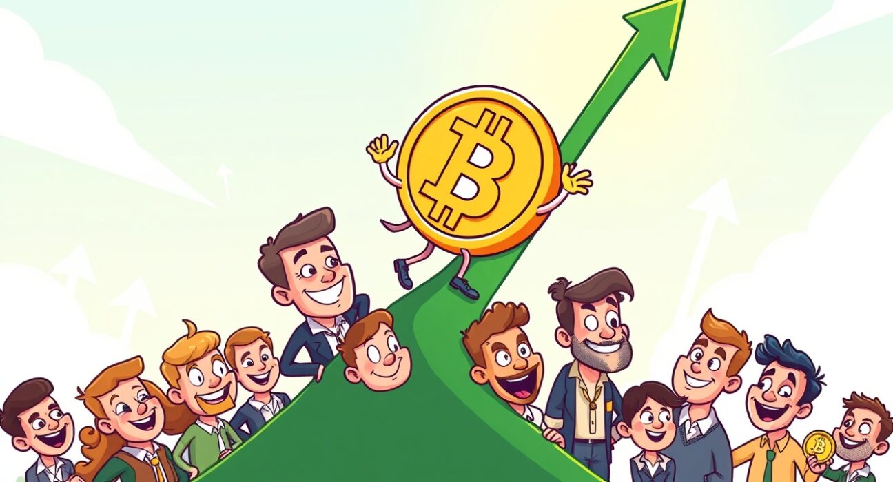 Cartoon illustration showing rising Bitcoin investor sentiment as short-term holders become profitable, symbolizing a market recovery.