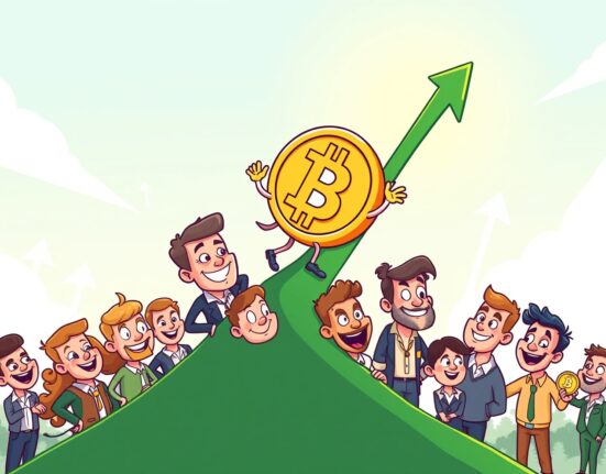 Cartoon illustration showing rising Bitcoin investor sentiment as short-term holders become profitable, symbolizing a market recovery.