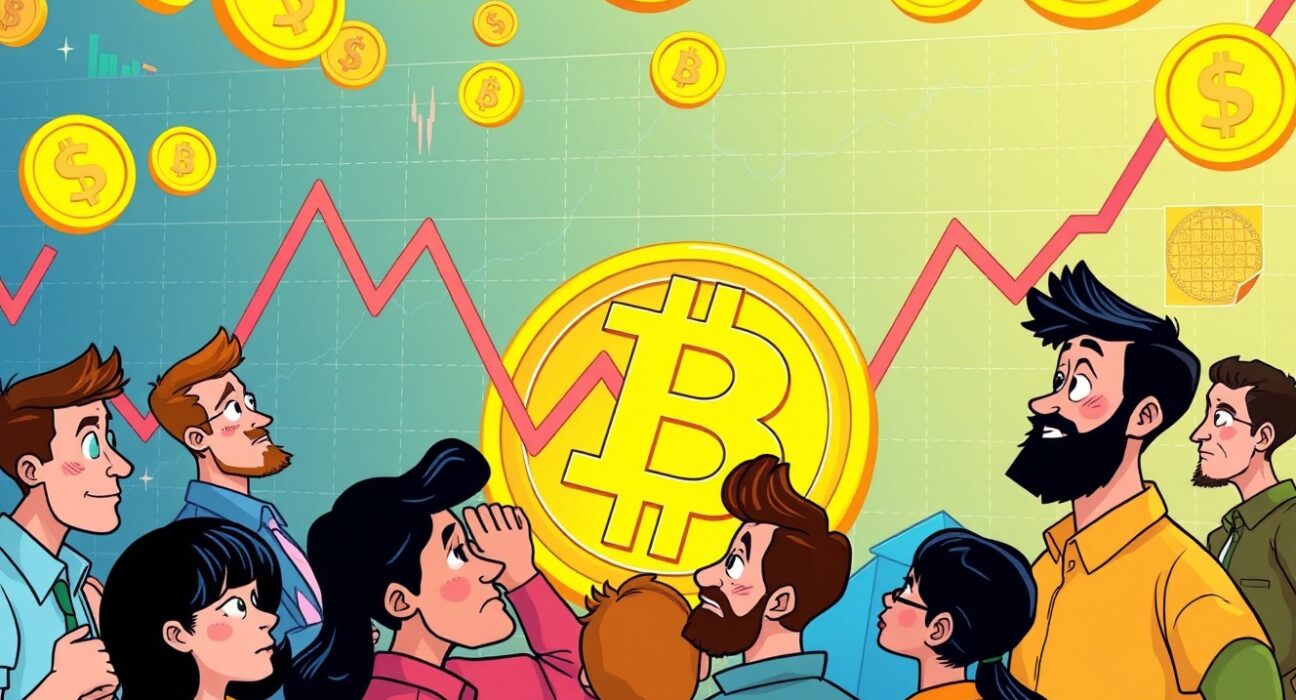 Bitcoin investors analyzing market charts showing significant losses in vibrant cartoon style
