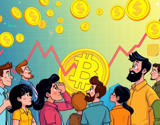 Bitcoin investors analyzing market charts showing significant losses in vibrant cartoon style