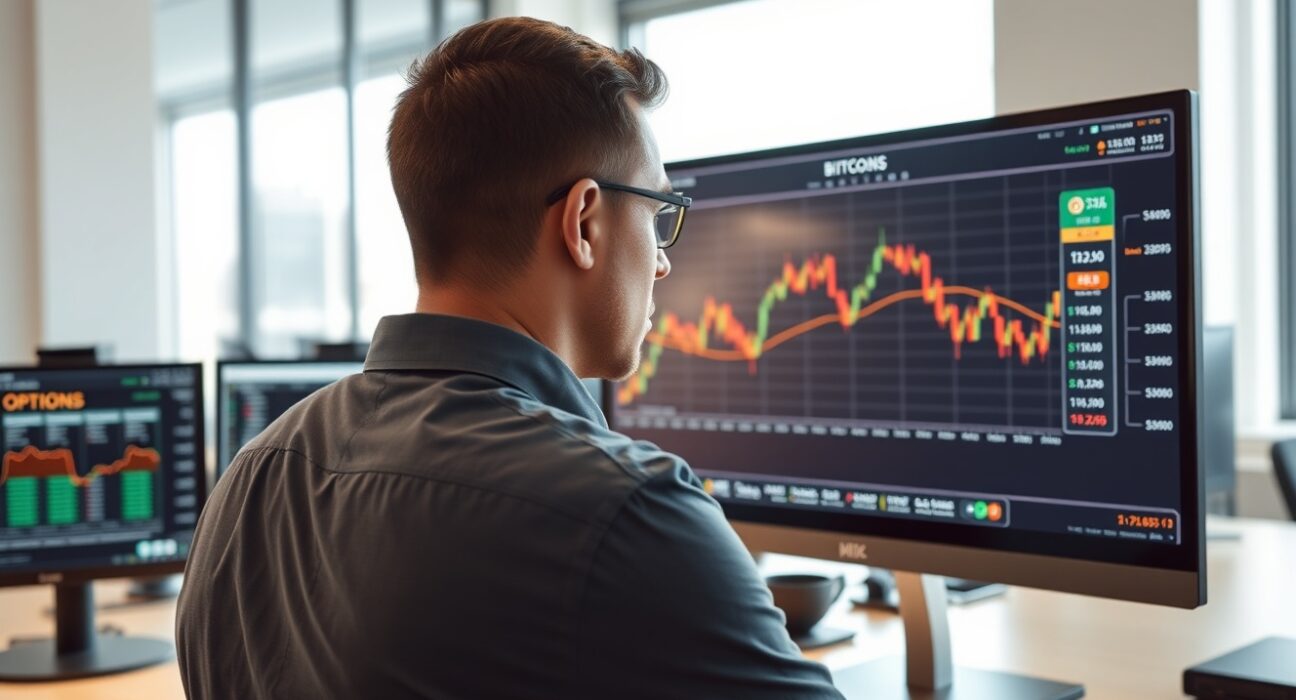 Analyst monitoring Bitcoin price drop and investor hedging activity on trading screens.