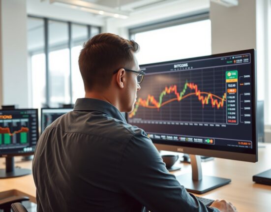 Analyst monitoring Bitcoin price drop and investor hedging activity on trading screens.