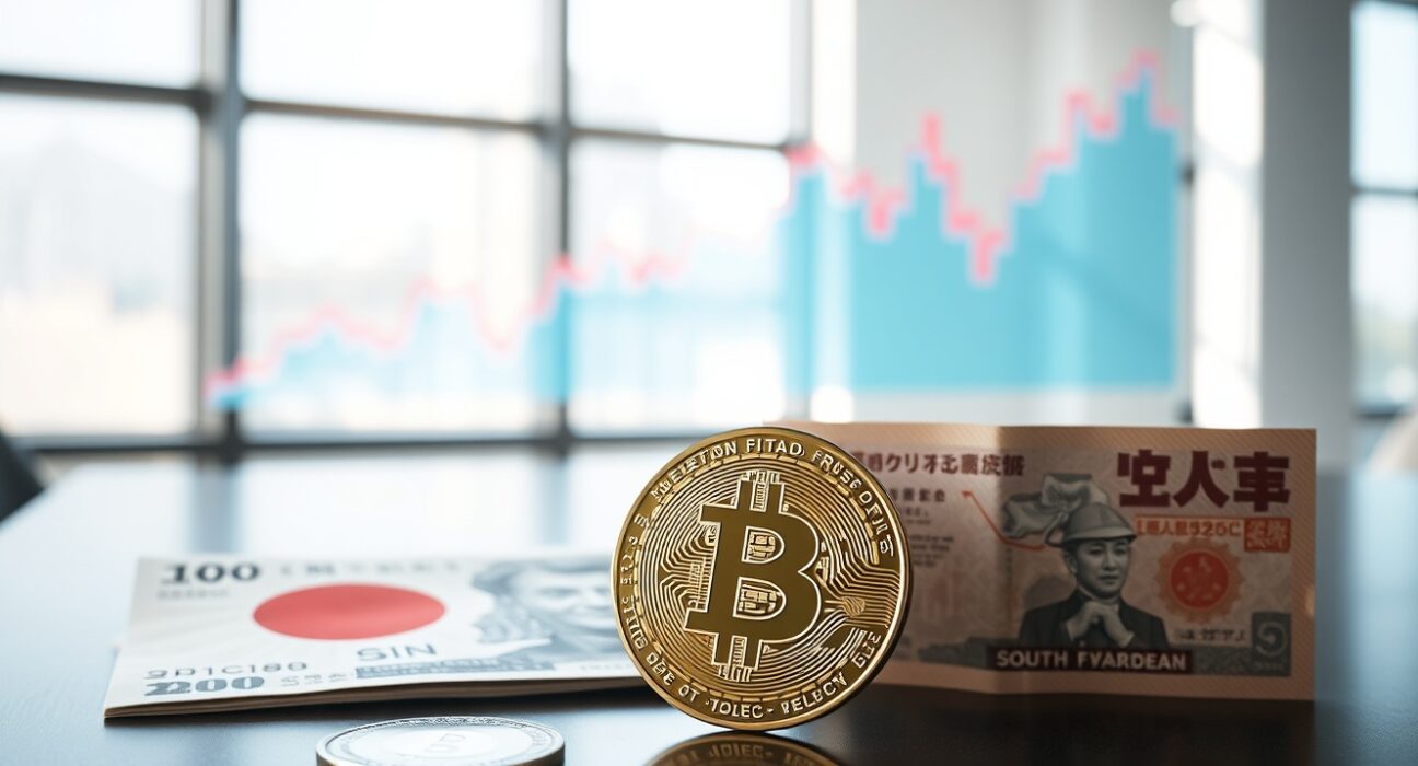 Bitcoin coin with Japanese yen and South Korean won banknotes in a financial office setting