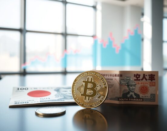 Bitcoin coin with Japanese yen and South Korean won banknotes in a financial office setting