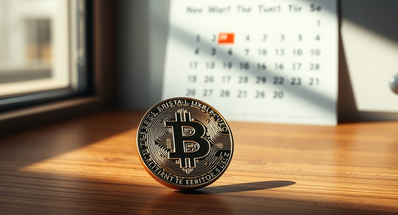 Bitcoin coin on a table with a July calendar in the background