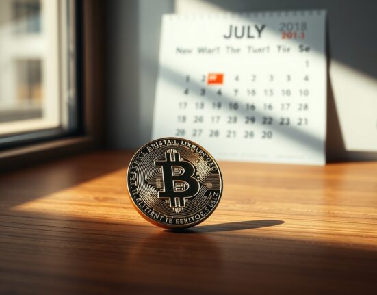 Bitcoin coin on a table with a July calendar in the background