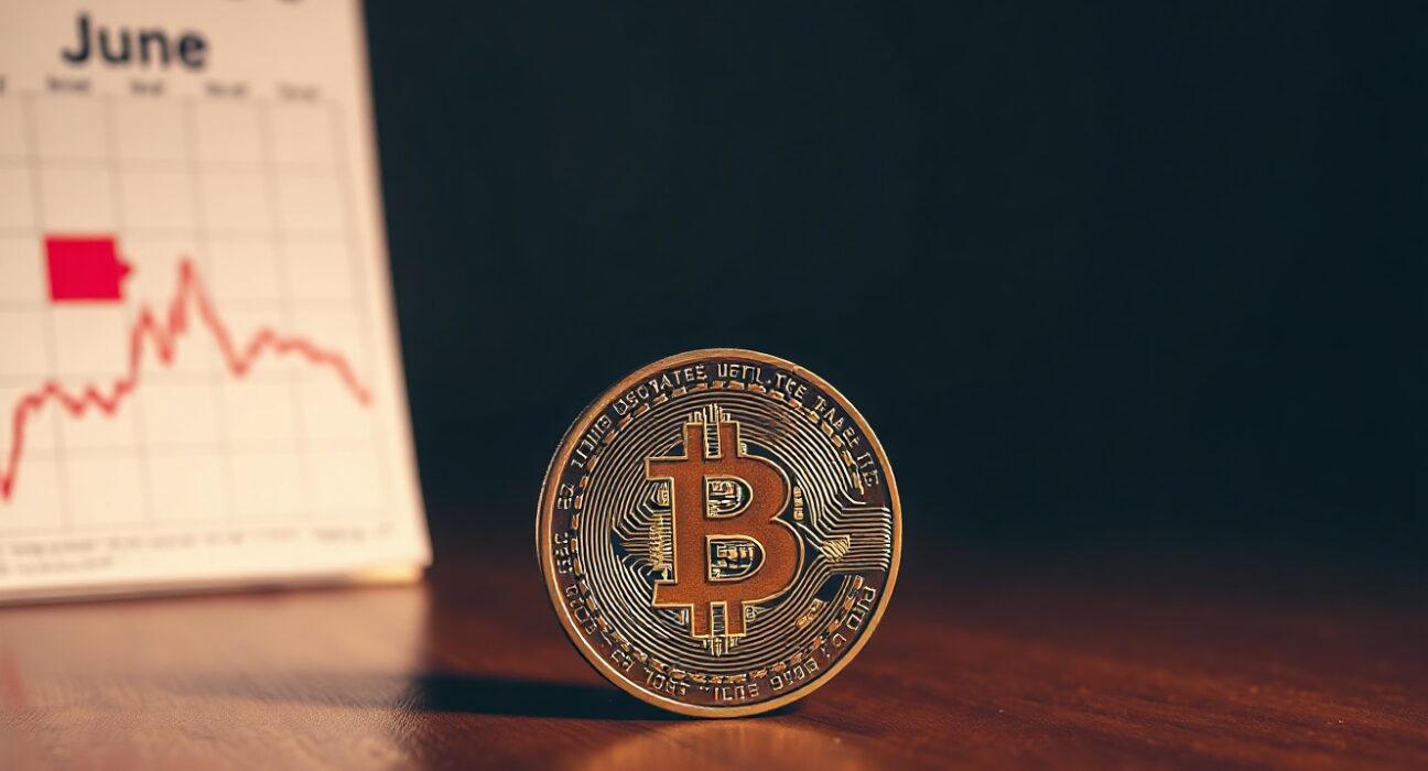 Bitcoin coin on a table with a June calendar and a downward trend graph in the background.