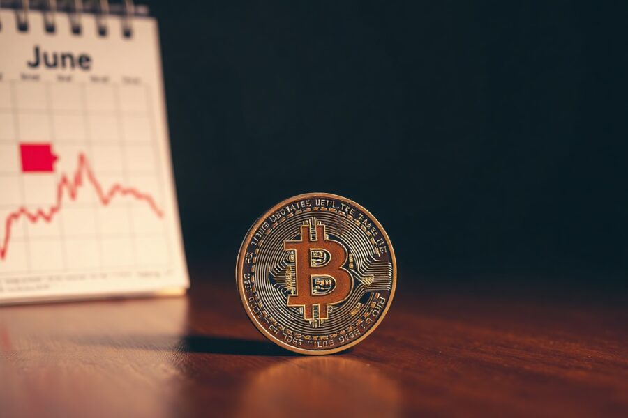 Bitcoin coin on a table with a June calendar and a downward trend graph in the background.
