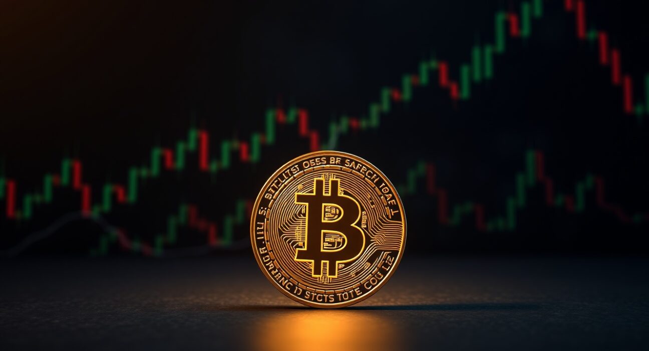 Bitcoin coin on a financial chart background with a breakout line