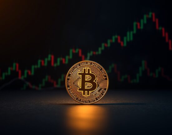 Bitcoin coin on a financial chart background with a breakout line