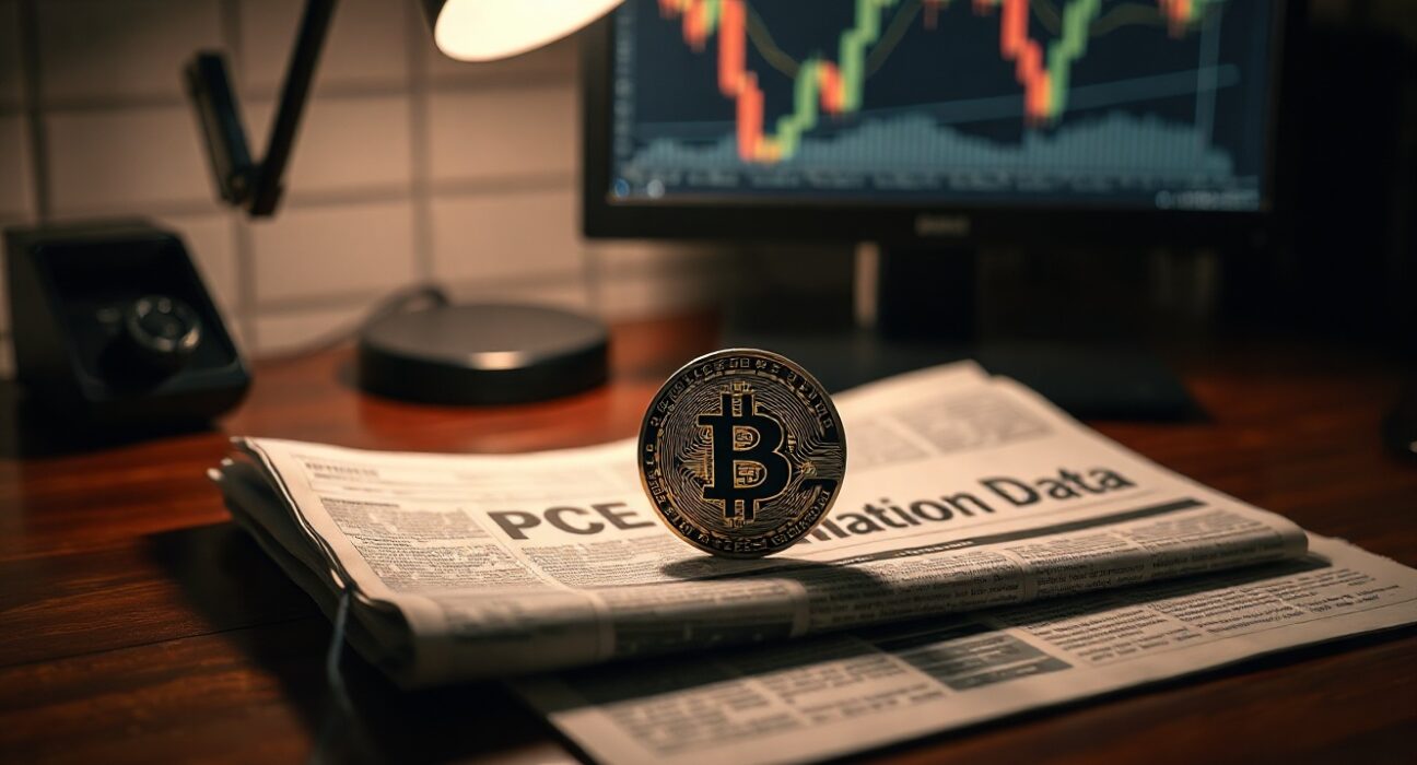 Bitcoin coin with magnifying glass over PCE inflation data on newspaper in office setting