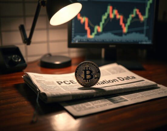 Bitcoin coin with magnifying glass over PCE inflation data on newspaper in office setting