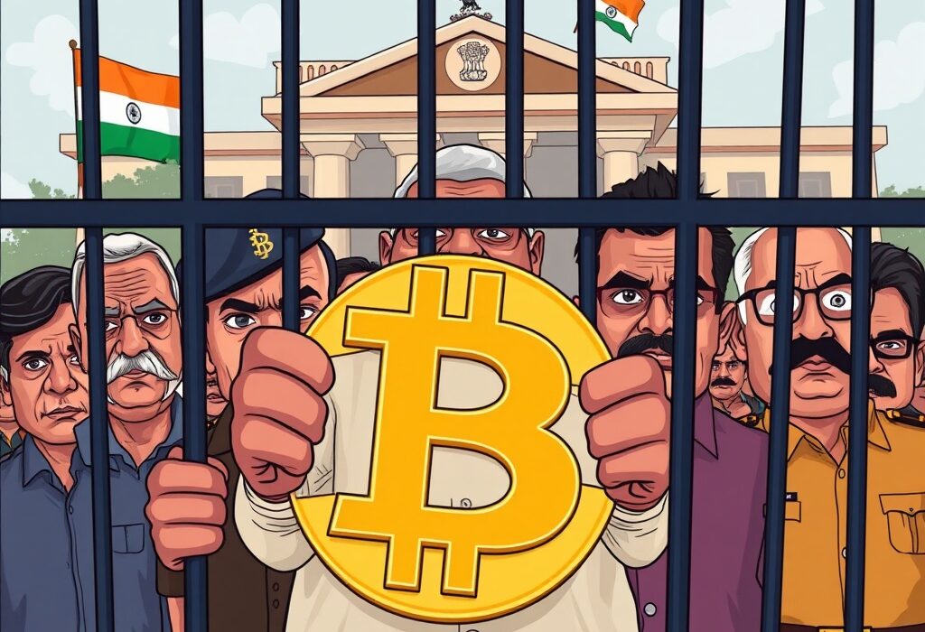 Cartoon illustration of officials and criminals behind bars, symbolizing justice for a shocking Bitcoin kidnapping case involving 750 BTC extortion.