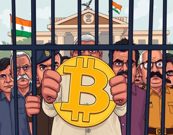 Cartoon illustration of officials and criminals behind bars, symbolizing justice for a shocking Bitcoin kidnapping case involving 750 BTC extortion.