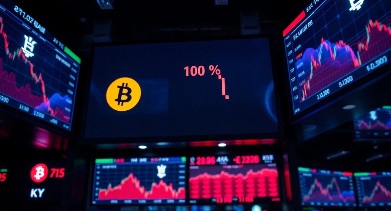 South Korean trading floor with Bitcoin price charts showing a negative Kimchi premium