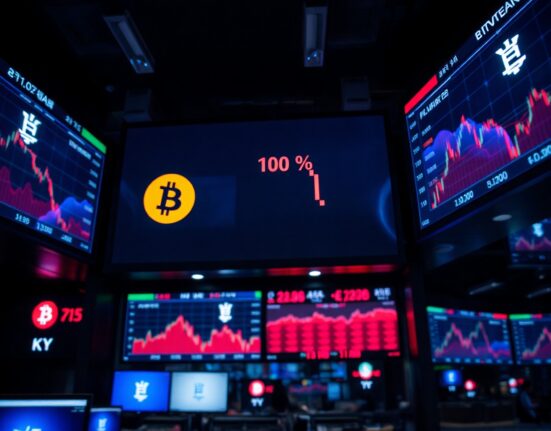 South Korean trading floor with Bitcoin price charts showing a negative Kimchi premium