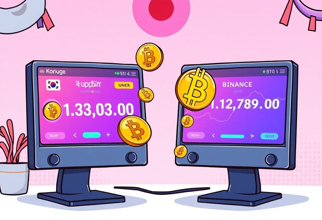 Cartoon showing Bitcoin Kimchi Premium, with Korean exchange prices higher than international ones, illustrating the market arbitrage.