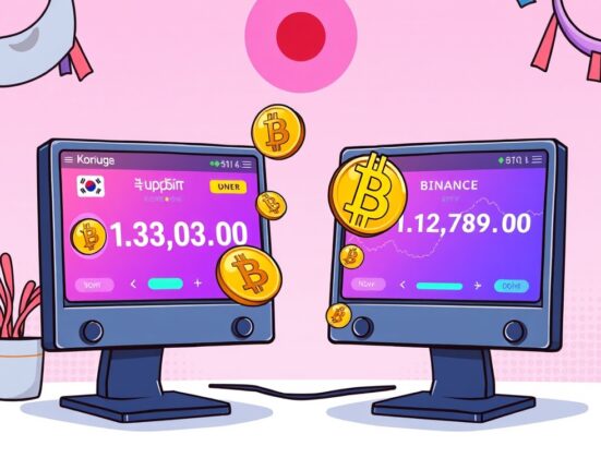Cartoon showing Bitcoin Kimchi Premium, with Korean exchange prices higher than international ones, illustrating the market arbitrage.