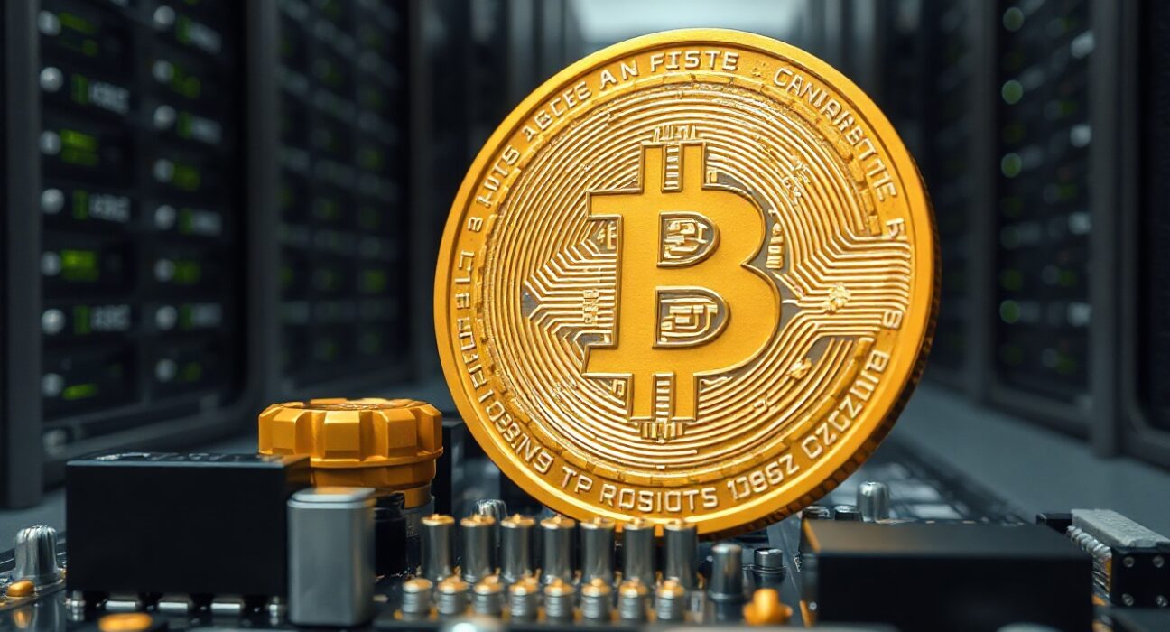 Bitcoin coin on a circuit board symbolizing protocol changes