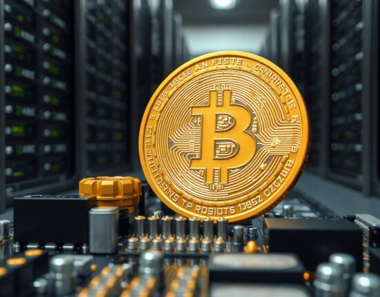 Bitcoin coin on a circuit board symbolizing protocol changes