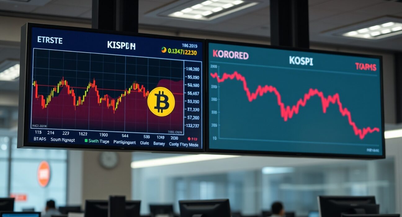 Bitcoin and KOSPI charts showing contrasting market performance on a trading floor display