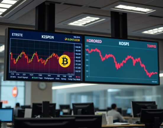 Bitcoin and KOSPI charts showing contrasting market performance on a trading floor display