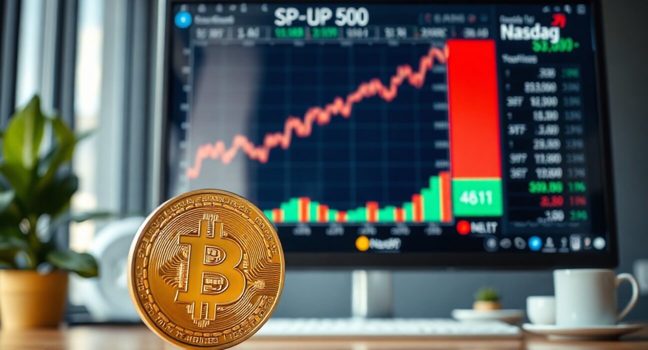 Bitcoin coin in foreground with stock market charts in background