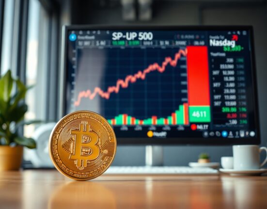 Bitcoin coin in foreground with stock market charts in background