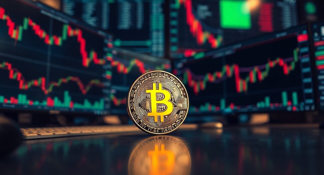 Bitcoin coin on a news desk with stock charts in background, symbolizing market analysis