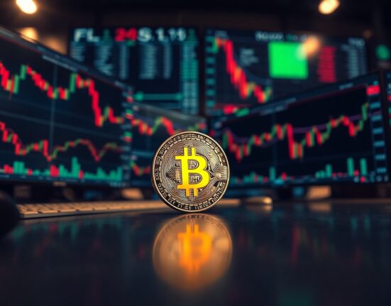 Bitcoin coin on a news desk with stock charts in background, symbolizing market analysis