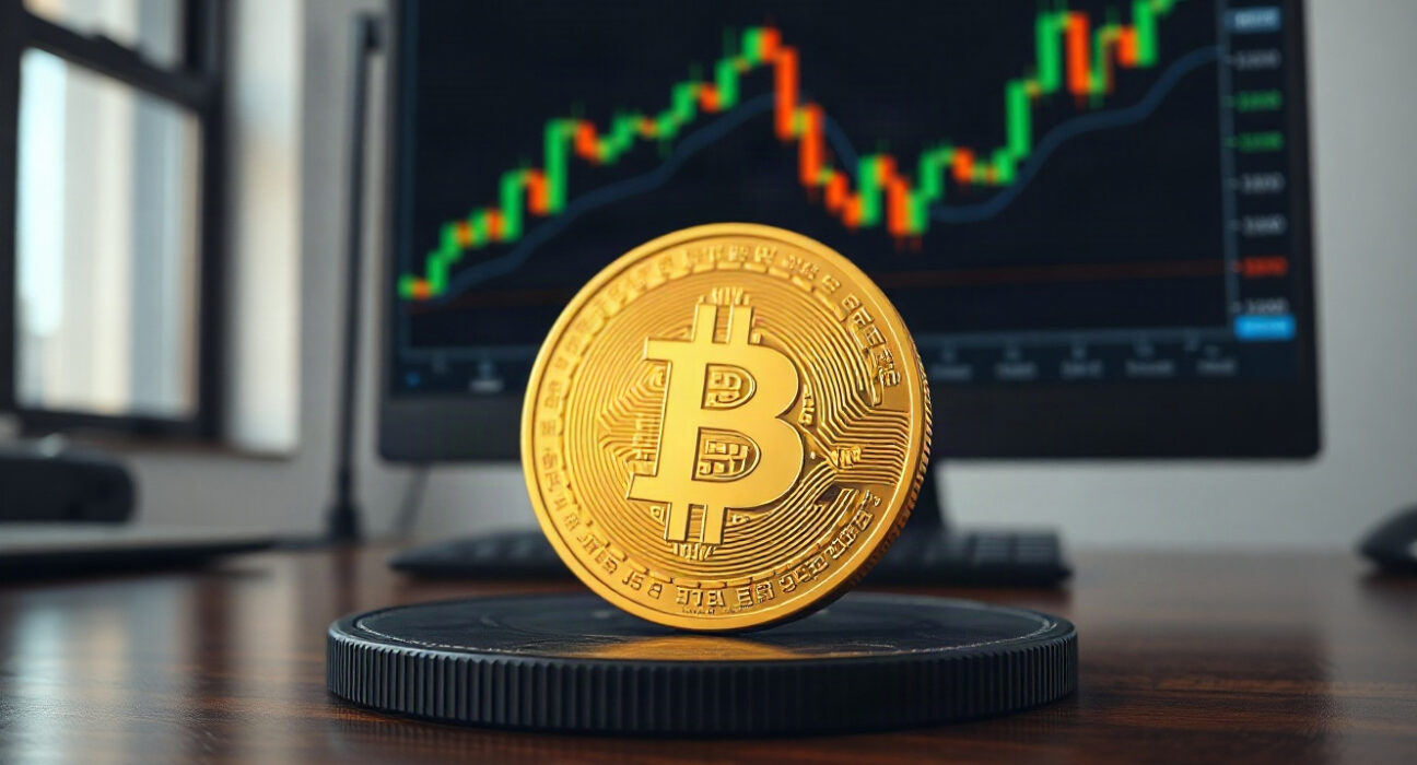 Bitcoin coin on desk with rising chart in background, representing record weekly gain