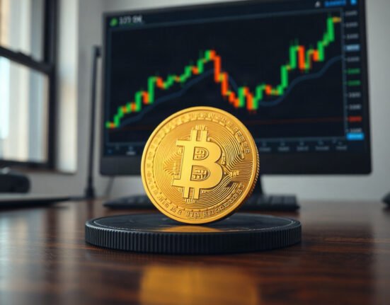 Bitcoin coin on desk with rising chart in background, representing record weekly gain