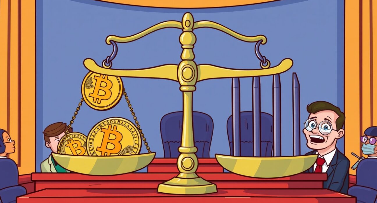 Bitcoin laundering case courtroom scene with digital currency scales