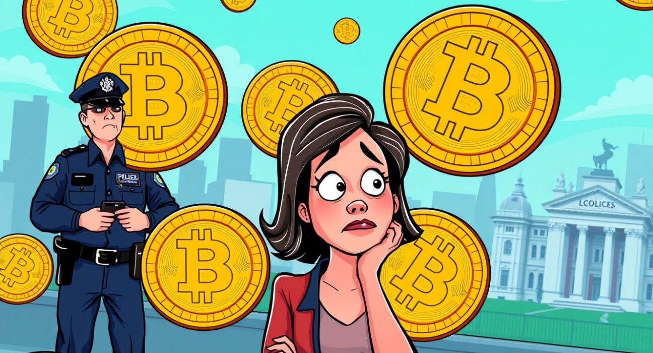 Bitcoin laundering scheme illustration showing cryptocurrency coins and UK legal consequences