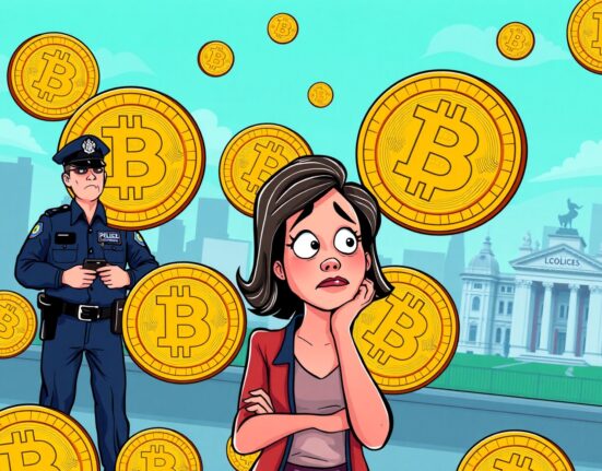 Bitcoin laundering scheme illustration showing cryptocurrency coins and UK legal consequences