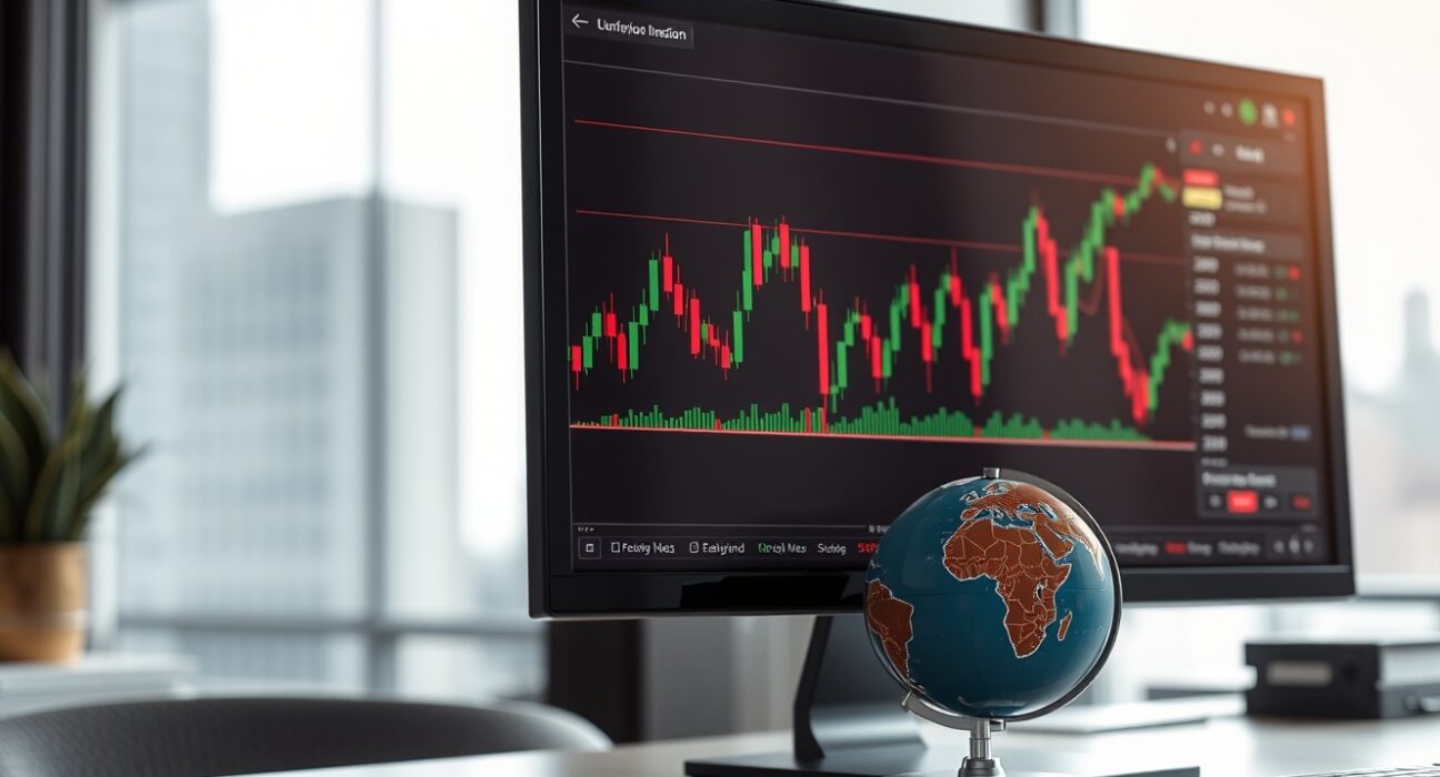 Bitcoin price chart on a monitor with a globe on a desk, symbolizing global market liquidity