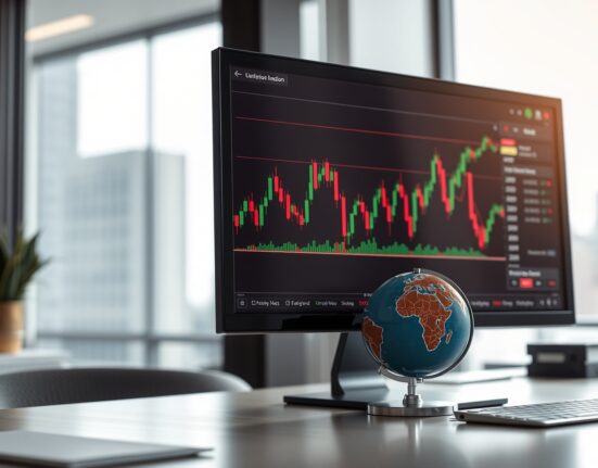 Bitcoin price chart on a monitor with a globe on a desk, symbolizing global market liquidity