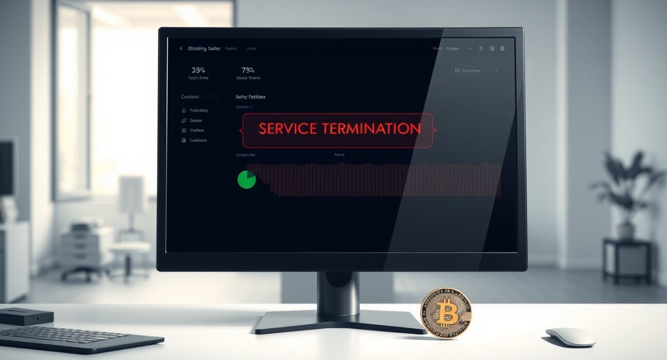Bitcoin lending protocol Tropicus shutdown announcement on a computer monitor with a Bitcoin coin on the desk