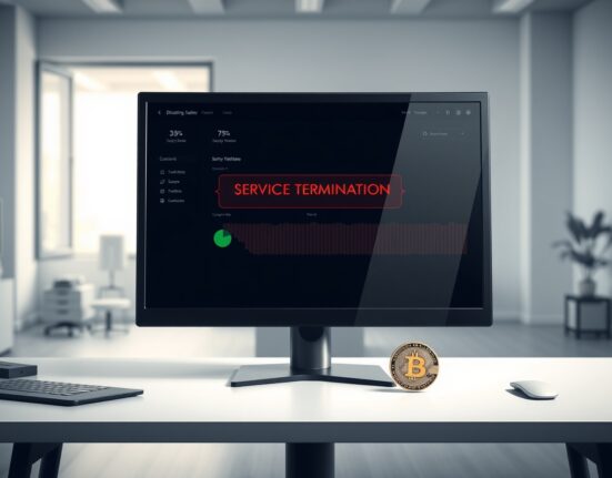 Bitcoin lending protocol Tropicus shutdown announcement on a computer monitor with a Bitcoin coin on the desk