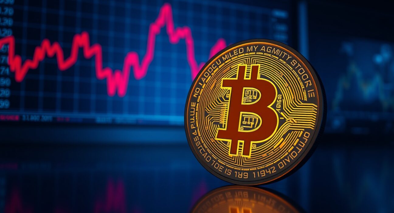 Bitcoin symbol on a dark trading floor with a declining graph in the background, representing market correction.