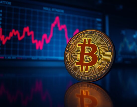Bitcoin symbol on a dark trading floor with a declining graph in the background, representing market correction.