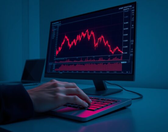 A trader's terminal showing a leveraged Bitcoin short position on a price chart.