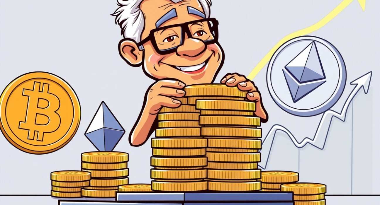 Cartoon of an experienced investor making a bold move in Bitcoin leveraged trading with large digital coin stacks.