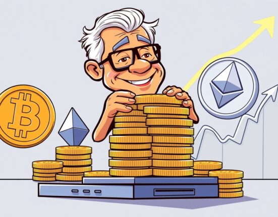 Cartoon of an experienced investor making a bold move in Bitcoin leveraged trading with large digital coin stacks.